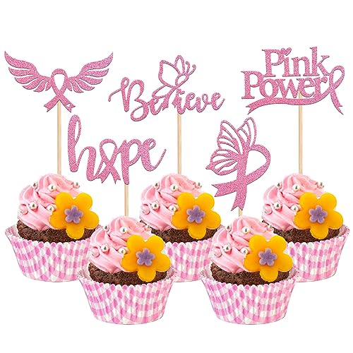 30 Stück Brustkrebs-Bewusstseins-Cupcake-Topper Glitzer Believe Hope Pink Power Ribbon Cupcake Picks Brustkrebs-Bewusstsein Themenparty Kuchen Dekorationen von YCTHUNFISH