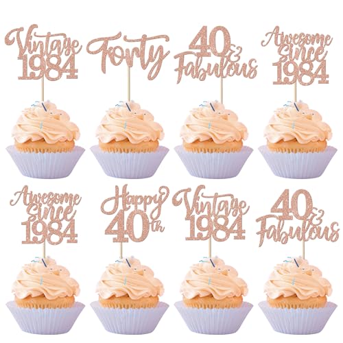 30 Stück Vintage 1983 Cupcake-Topper Glitzer Happy 40th Thirty Awesome Since 1983 Cupcake-Picks 40 Fabulous Cake Decorations for 40th Birthday Wedding Anniversary Party Supplies Rose Gold von YCTHUNFISH