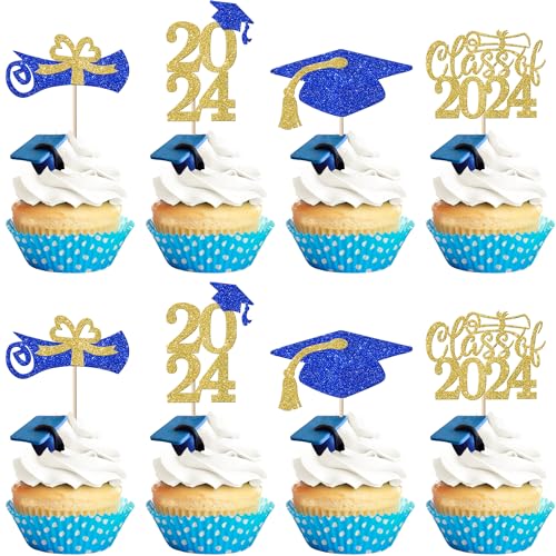 36 Stück 2023 Abschlussfeier Cupcake Topper Glitzer Klasse 2023 Diplom Grad Kappe Cupcake Picks für 2023 Schule Abschluss Thema Party Abschluss Kuchen Dekoration Supplies Gold Blau von YCTHUNFISH