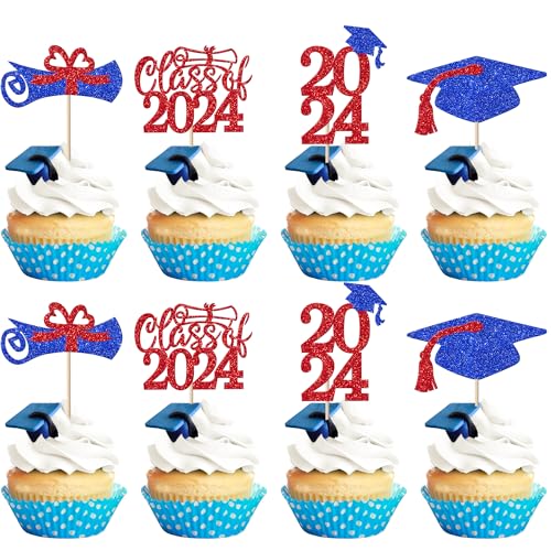 36 Stück Abschlussfeier Cupcake Topper Glitzer Klasse 2023 Glitzer Diplom Grad Kappe Kuchen Dekorationen 2023 Abschluss Cupcake Picks für 2023 Abschluss Thema Party Kuchen Dekoration Supplies Rot Blau von YCTHUNFISH