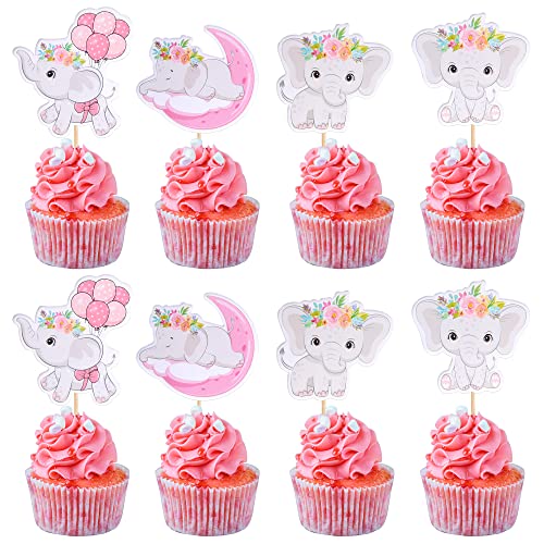 36 Stück Elefant Cupcake Topper Aniaml Geburtstag Cupcake Picks Mond Elefant Kuchen Dekorationen für Jungen und Mädchen Babyparty Elefant Thema Geburtstag Party Cupcake Dekorationen Rosa von YCTHUNFISH