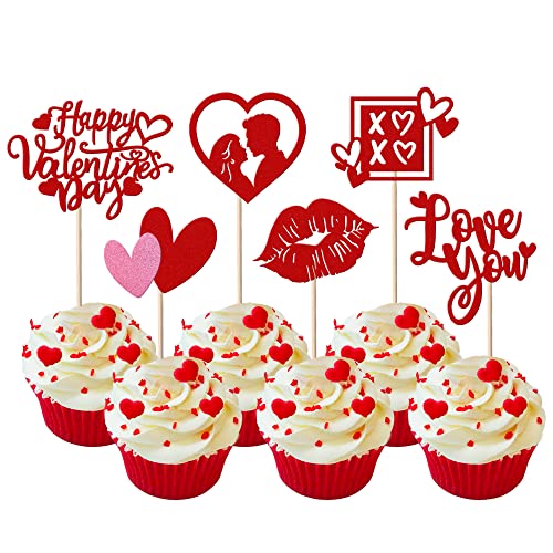 36 Stück Happy Valentine's Day Cupcake Topper Glitter Love You XOXO Cupcake Picks Lips Sweet Love Heart Cupcake Dekorationen für Galentinstag Thema Hochzeit Geburtstag Party Rot von YCTHUNFISH