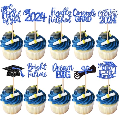 40 Stück Class of 2023 Graduation Cupcake Toppers Glitter So Proud of You Diplom Grad Cap Cupcake Picks Bright Future Congrate Grade Kuchen Dekorationen für 2023 Abschluss Thema Party Supplies Blau von YCTHUNFISH