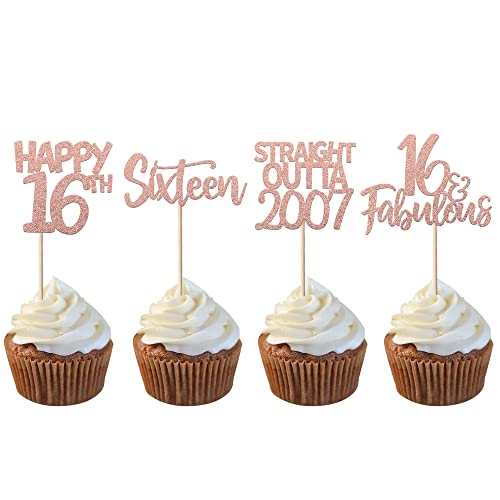 Cupcake-Topper mit Aufschrift "Cheers to 16 Years", glitzernd, 16 Stück, glatt, Outta 2007, Cupcake-Picks, Happy 16th Cake Dekorationen für Happy 16th Birthday Anniversary Party Supplies Roségold von YCTHUNFISH