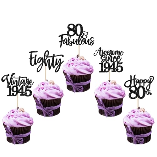 e 1944 Cupcake Toppers Glitter Happy 80th Eighty Awesome Since 1944 Cupcake Picks 80 Fabulous Cake Decorations for 80th Birthday Wedding Anniversary Party Supplies Black von YCTHUNFISH