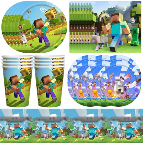 Mine-Craft Partygeschirr Set，YCVBCY 51 Pcs Geburtstag Party Geschirr, Pappteller Kindergeburtstag Mine-Craft Geburtstagsdeko Tischdecke Tasse Servietten für Geburtstag Hochzeiten Jubiläums von YCVBCY