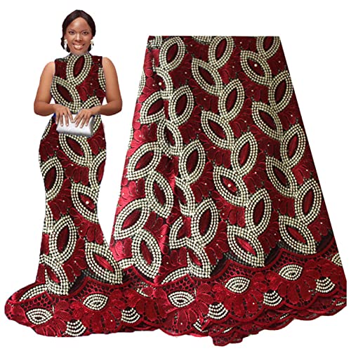 YCXMBH Spitzenband Afrikanischer Spitze-Gewebe-Braut Afrikanische Cord Spitze Lila Rosa-Netz-Spitze 5 Yard Stoff Burgund wulstiger Nigerian Wein Spitzenband Weiß von YCXMBH