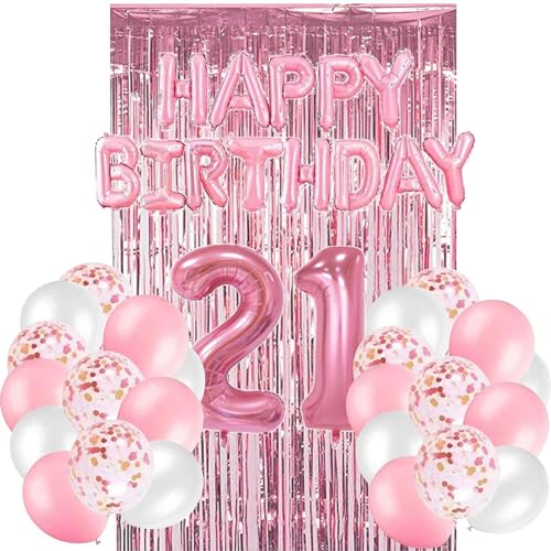 Rosa Geburtstag Party Dekoration, Happy Birthday Banner, Rose Gold Fransen Vorhang, Tischdecke, Herz Stern Konfetti Luftballons 21 von YCYUYK
