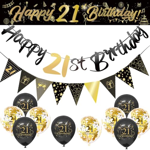 Schwarz und Gold Geburtstagsdekorationen, Happy Birthday Dekorationen mit Luftballons Bogen Kit, Banner Fransenvorhänge, Erwachsene Bday Party Supplies 21 von YCYUYK