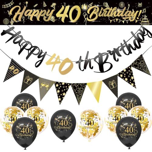 Schwarz und Gold Geburtstagsdekorationen, Happy Birthday Dekorationen mit Luftballons Bogen Kit, Banner Fransenvorhänge, Erwachsene Bday Party Supplies 40 von YCYUYK