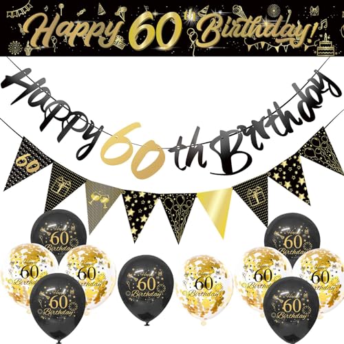 Schwarz und Gold Geburtstagsdekorationen, Happy Birthday Dekorationen mit Luftballons Bogen Kit, Banner Fransenvorhänge, Erwachsene Bday Party Supplies 60 von YCYUYK