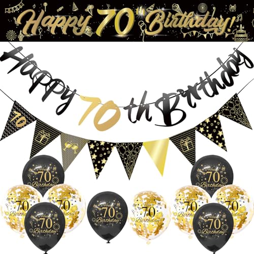 Schwarz und Gold Geburtstagsdekorationen, Happy Birthday Dekorationen mit Luftballons Bogen Kit, Banner Fransenvorhänge, Erwachsene Bday Party Supplies 70 von YCYUYK