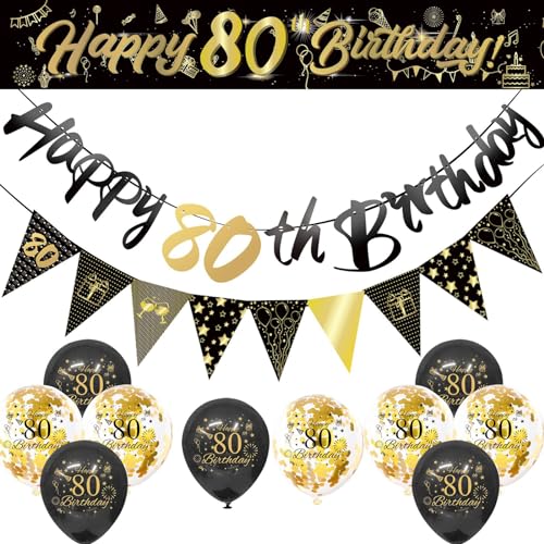 Schwarz und Gold Geburtstagsdekorationen, Happy Birthday Dekorationen mit Luftballons Bogen Kit, Banner Fransenvorhänge, Erwachsene Bday Party Supplies 80 von YCYUYK