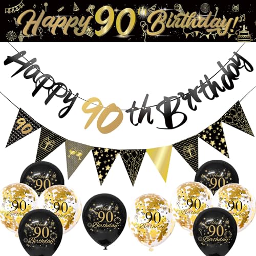Schwarz und Gold Geburtstagsdekorationen, Happy Birthday Dekorationen mit Luftballons Bogen Kit, Banner Fransenvorhänge, Erwachsene Bday Party Supplies 90 von YCYUYK