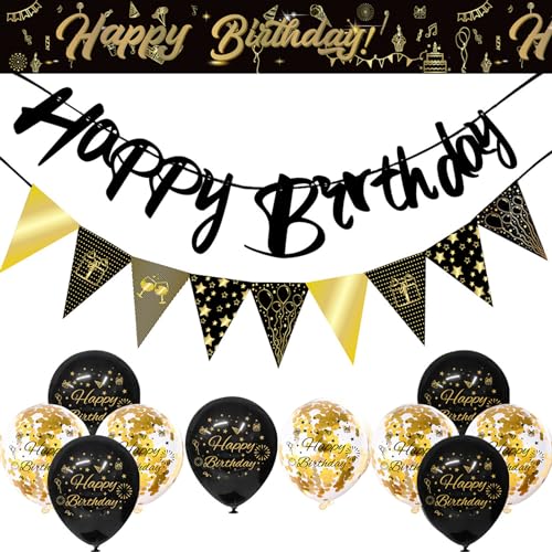 Schwarz und Gold Geburtstagsdekorationen, Happy Birthday Dekorationen mit Luftballons Bogen Kit, Banner Fransenvorhänge, Erwachsene Bday Party Supplies Keine Nummer von YCYUYK