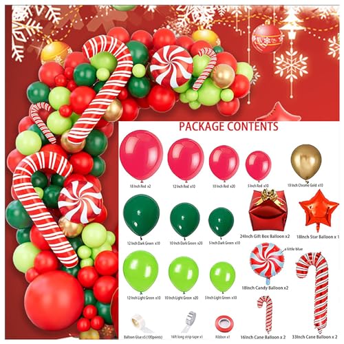 Weihnachtsballons Girlande Bogen Kit, Xmas Rot Weiß Grün Urlaub Party Ballons Dekorationen mit Zuckerstange Geschenkbox Rote Stern Ballons für Weihnachten Motto Party Style-F von YCYUYK