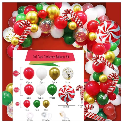 Weihnachtsballons Girlande Bogen Kit, Xmas Rot Weiß Grün Urlaub Party Luftballons Dekorationen mit Zuckerstange Geschenkbox Rote Stern Ballons für Weihnachten Motto-Party Style-A von YCYUYK
