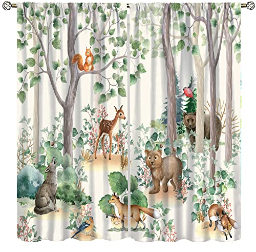 Waldtier-Kindervorhänge, wilder rustikaler Bär, Fuchs, Hirsch, Kinder, Cartoon-Fensterbehandlungen für Wohnzimmer, Aquarell-Verdunkelungsvorhänge, 2 Paneele, 107 x 137 cm von YCness