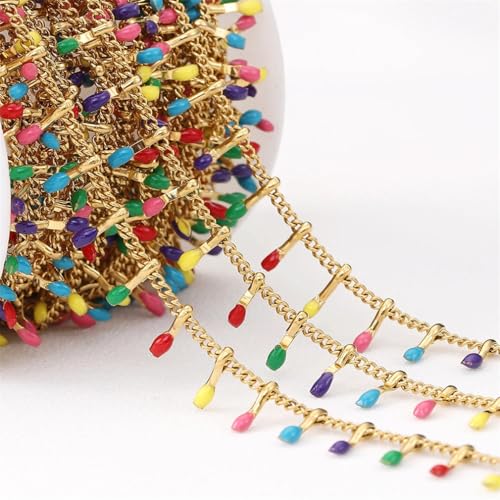 YDHSIKK DIY Bunte Kette ，Bunte Kettengliedrollen， Mode 1Meter Gold Farbe Edelstahl Bunte Perlen Kette Halskette Frauen Schmuck Machen DIY Zubehör(1) von YDHSIKK