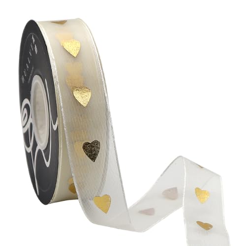 YDHfdc Geschenkband Gold 18m x 2,5cm Herz Bedruckt Satinband Schleifenband Stoffband Dekoband für Handwerk, Geschenkverpackung, Hochzeitsfeier, Blumen von YDHfdc