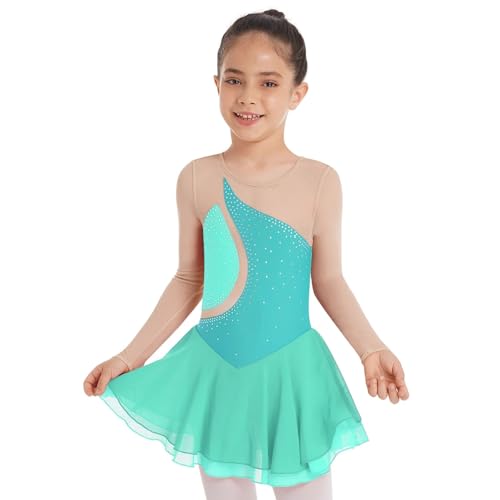 YDYAENIO Eiskunstlaufkleid for Mädchen, langärmelig, Strass-Netzstoff, Tanzkleider, Gymnastiktrikots, Ballett-Tutu, Performance-Kostüm(Green,10) von YDYAENIO