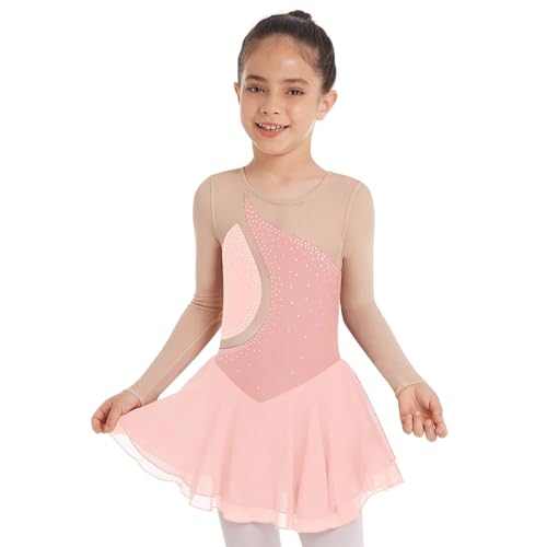 YDYAENIO Eiskunstlaufkleid for Mädchen, langärmelig, Strass-Netzstoff, Tanzkleider, Gymnastiktrikots, Ballett-Tutu, Performance-Kostüm(Pink,10) von YDYAENIO