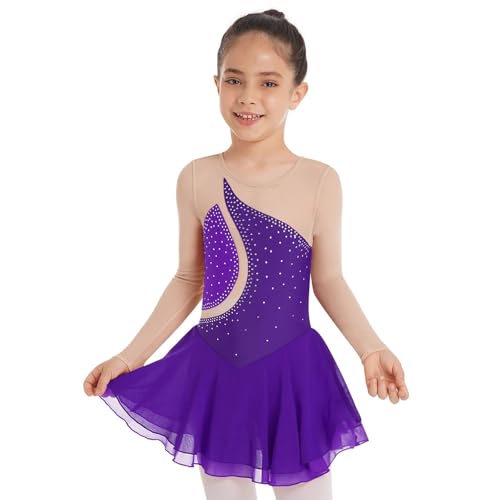 YDYAENIO Eiskunstlaufkleid for Mädchen, langärmelig, Strass-Netzstoff, Tanzkleider, Gymnastiktrikots, Ballett-Tutu, Performance-Kostüm(Purple,10) von YDYAENIO