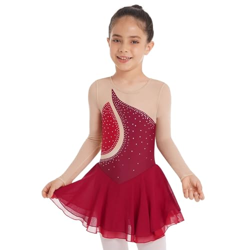 YDYAENIO Eiskunstlaufkleid for Mädchen, langärmelig, Strass-Netzstoff, Tanzkleider, Gymnastiktrikots, Ballett-Tutu, Performance-Kostüm(Red,10) von YDYAENIO