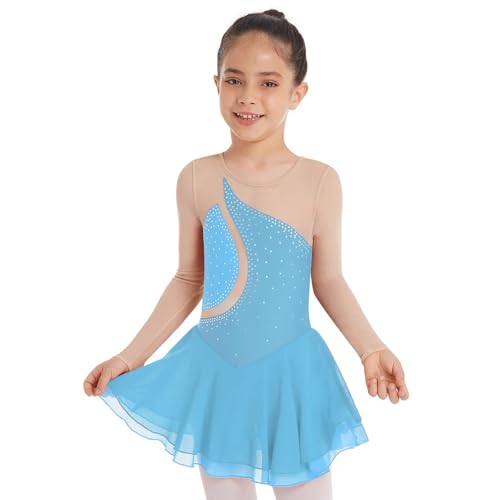 YDYAENIO Eiskunstlaufkleid for Mädchen, langärmelig, Strass-Netzstoff, Tanzkleider, Gymnastiktrikots, Ballett-Tutu, Performance-Kostüm(Sky Blue,12) von YDYAENIO