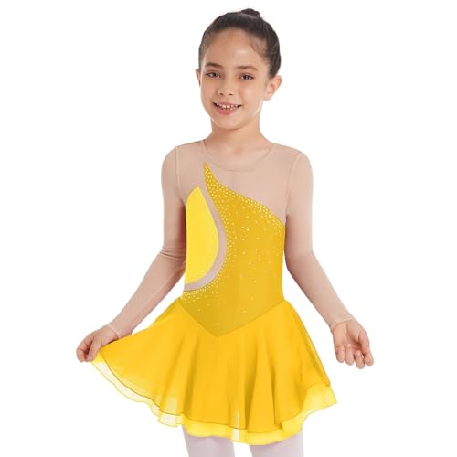 YDYAENIO Eiskunstlaufkleid for Mädchen, langärmelig, Strass-Netzstoff, Tanzkleider, Gymnastiktrikots, Ballett-Tutu, Performance-Kostüm(Yellow,10) von YDYAENIO