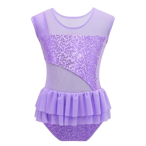 YDYAENIO Turnbody Mädchen Kurzarm Ballettanzug for Mädchen mit glänzenden Pailletten, Tanzanzug mit Rüschen, Netzstoff, Sportgymnastik, Workout-Bodysuit for Bühnenauftritte, Tanzkostüm(Purple,16) von YDYAENIO