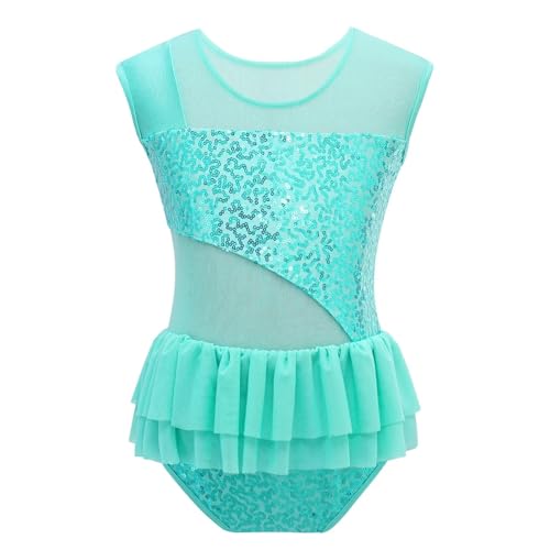 YDYAENIO Turnbody Mädchen Kurzarm Ballettanzug for Mädchen mit glänzenden Pailletten, Tanzanzug mit Rüschen, Netzstoff, Sportgymnastik, Workout-Bodysuit for Bühnenauftritte, Tanzkostüm(Green,16) von YDYAENIO