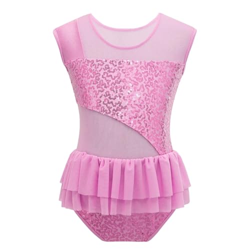 YDYAENIO Turnbody Mädchen Kurzarm Ballettanzug for Mädchen mit glänzenden Pailletten, Tanzanzug mit Rüschen, Netzstoff, Sportgymnastik, Workout-Bodysuit for Bühnenauftritte, Tanzkostüm(Pink,12) von YDYAENIO