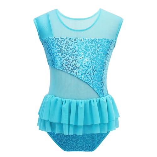 YDYAENIO Turnbody Mädchen Kurzarm Ballettanzug for Mädchen mit glänzenden Pailletten, Tanzanzug mit Rüschen, Netzstoff, Sportgymnastik, Workout-Bodysuit for Bühnenauftritte, Tanzkostüm(Sky Blue,8) von YDYAENIO