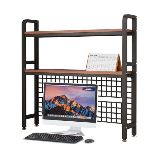 YDkjwjw 2-stufige Schreibtischregale, Schreibtischablage für Computermonitor, Desktop-Organizer-Regal aus Holz mit Metallgitterplatte, Desktop-Bücherregal für das Wohnheim im Home Office von YDkjwjw