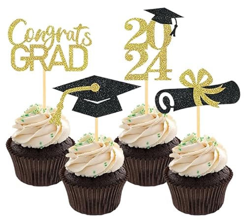 Graduation Cake Topper Abschluss Tortendeko 2024 Kuchen Deko Glitzer Cake Topper für Graduation Party, Abschlussfeier, Schulabschluss (24 Stück) von YEAMLTE