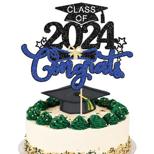 Graduation Cake Topper Abschluss Tortendeko 2024 Kuchen Deko Glitzer Cake Topper für Graduation Party, Abschlussfeier, Schulabschluss (Blau) von YEAMLTE