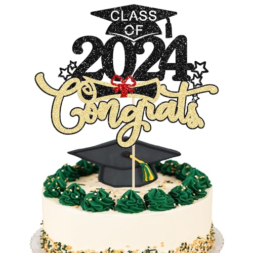 Graduation Cake Topper Abschluss Tortendeko 2024 Kuchen Deko Glitzer Cake Topper für Graduation Party, Abschlussfeier, Schulabschluss (Gold) von YEAMLTE