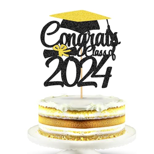 Graduation Cake Topper Abschluss Tortendeko 2024 Kuchen Deko Glitzer Cake Topper für Graduation Party, Abschlussfeier, Schulabschluss (Schwarz Gold) von YEAMLTE