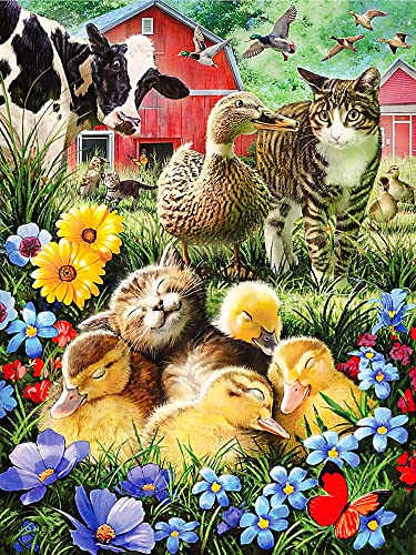 YEAUWILY Diamond Painting Set für Kinder Bauernhof Katze Kuh Ente 5D Bilder Diamant Malerei Kits für Erwachsene DIY Runder Steine Diamant Painting für Zuhause Dekor Weihnachten 30x40cm von YEAUWILY