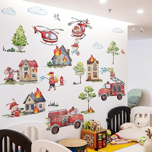 Wandsticker Feuerwehr Set Wandtattoo,Kinderzimmer Tiere Bäume Babyzimmer Wandaufkleber DIY Cartoon Wolken Feuerwehrauto Wanddeko Selbstklebend Deko von YEELIKE