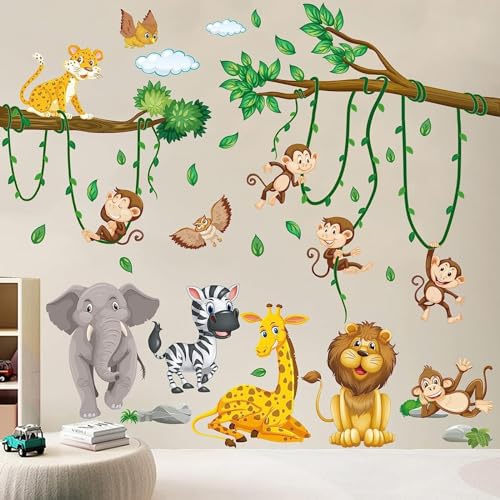 YEELIKE Wandtattoo Dschungel Tiere, Kinderzimmer Wandsticker Babyzimmer Wandaufkleber Elefant Giraffe Löwe AFFE Zebra Eule für Jungen Mädchen Schlafzimmer Wanddeko von YEELIKE