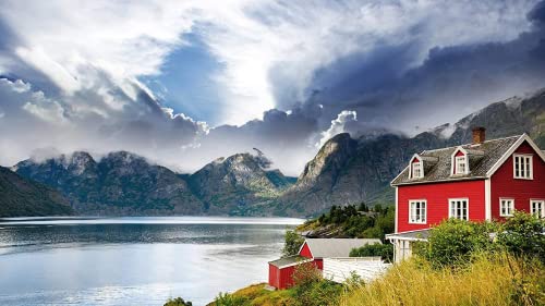 Malen nach Zahlen für Erwachsene Kinder - Norwegische Berge und Flüsse Häuser Landschaft 16x20 Zoll Leinen Segeltuch - DIY ölgemälde ölfarben Weihnachten Geschenke (Landschaft, ohne Rahmen) von YEESAM ART