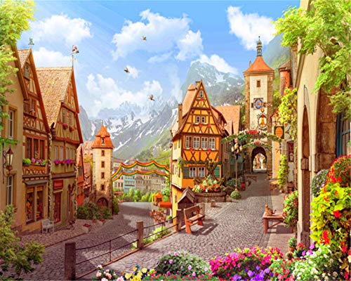 YEESAM ART DIY Ölgemälde Malen nach Zahlen Erwachsene Kinder, Anime Märchen Stadt Schneeberg Blumen Zahlenmalerei ab 5 Öl Wandkunst (Stadt, ohne Rahmen) von YEESAM ART