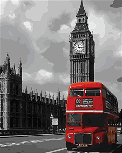 YEESAM ART DIY Ölgemälde Malen nach Zahlen Erwachsene Kinder, Big Ben Rot Bus London Straße Zahlenmalerei ab 5 Öl Wandkunst (Rot, ohne Rahmen) von YEESAM ART