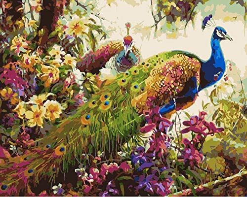 YEESAM ART DIY Ölgemälde Malen nach Zahlen Erwachsene Kinder, Pfau Wald Blumen Zahlenmalerei ab 5 Öl Wandkunst von YEESAM ART