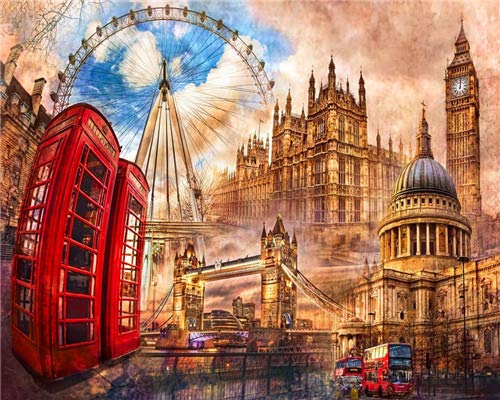 YEESAM ART DIY Ölgemälde Malen nach Zahlen Erwachsene Kinder, Romantischer Ferris Wheel London City Tower Bridge Zahlenmalerei ab 5 Öl Wandkunst (City, mit Rahmen) von YEESAM ART