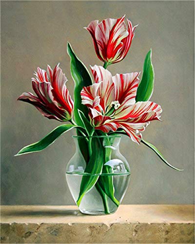 YEESAM ART DIY Ölgemälde Malen nach Zahlen Erwachsene Kinder, Schöne Blumen in Transparenter Vase Zahlenmalerei ab 5 Öl Wandkunst (Blumen, ohne Rahmen) von YEESAM ART