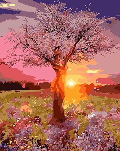 YEESAM ART DIY Ölgemälde Malen nach Zahlen Erwachsene Kinder, Sonnenuntergang Rosa Schönheit Baum Zahlenmalerei ab 5 Öl Wandkunst von YEESAM ART