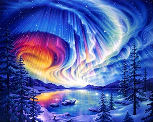 YEESAM ART DIY Ölgemälde Malen nach Zahlen Erwachsene Kinder, Verzaubert See Landschaft Aurora Borealis Zahlenmalerei ab 5 Öl Wandkunst (Aurora, mit Rahmen) von YEESAM ART